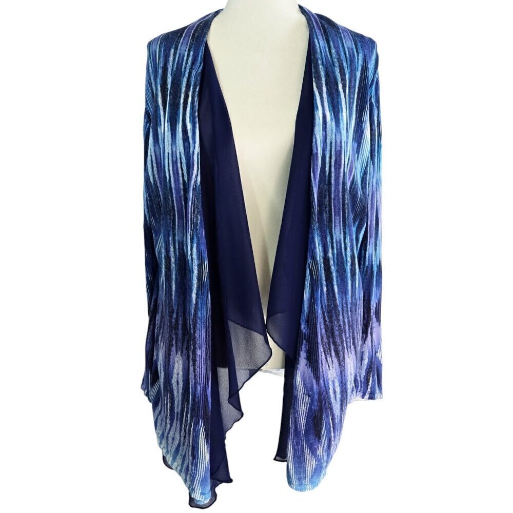 Chico's Linen Blend Blue Abstract Ikat Open Drape Front Layered Cardigan Boho